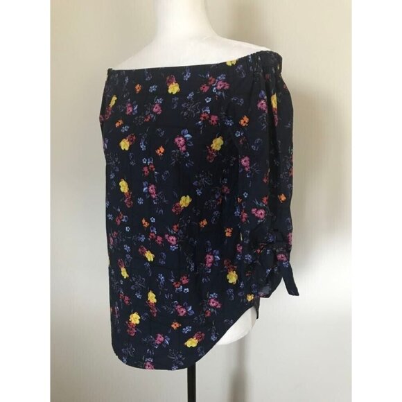 ARITIZIA BABATON Malik Blouse Off the Shoulder Top Size XXS Indigo Blue Floral - Picture 4 of 9